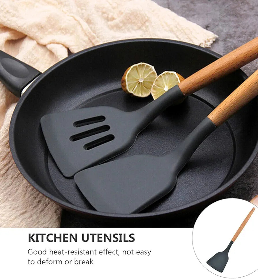 Silicone Kitchen Spatula and Utensils Spoon Set Cooking + Baking Set- 12 Pcs Non-Stick with Wooden Handle-BPA Free, Heat Resistant Item, Flexible Non Toxic Silicon Cookware Tools