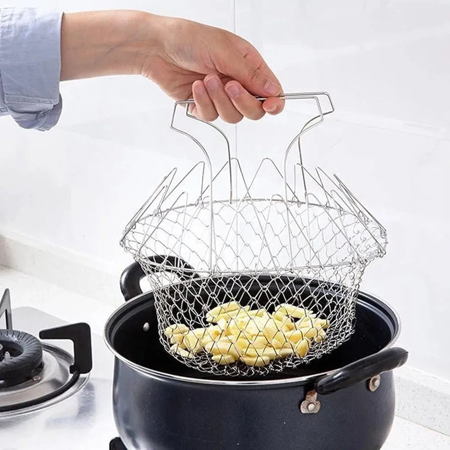 Stainless Steel Deep Fry Strainer for Kitchen | Foldable Steam Rinse Deep Frying Basket | Rinsing Frying Steaming/Oil Cooking Jhara/Filter/Channi for Chips & Pasta