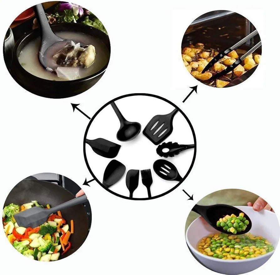 Silicone Kitchen Spatula and Utensils Spoon Set Cooking + Baking Set- 12 Pcs Non-Stick with Wooden Handle-BPA Free, Heat Resistant Item, Flexible Non Toxic Silicon Cookware Tools