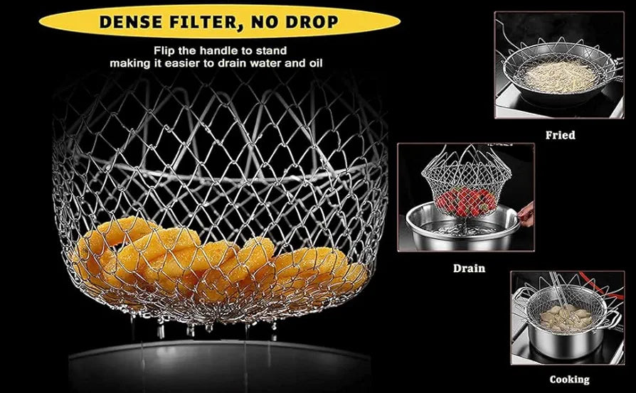 Stainless Steel Deep Fry Strainer for Kitchen | Foldable Steam Rinse Deep Frying Basket | Rinsing Frying Steaming/Oil Cooking Jhara/Filter/Channi for Chips & Pasta