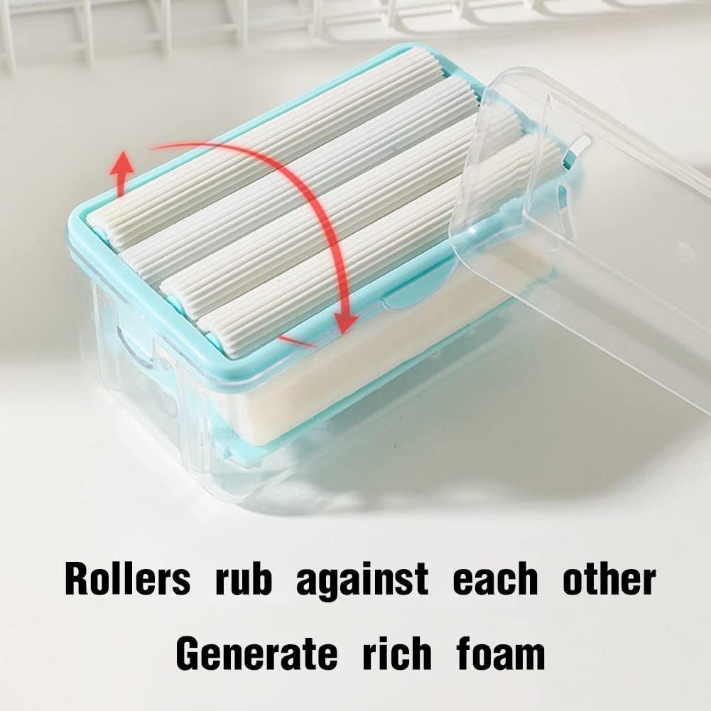 Plastic 2-in-1 Portable Laundry Rolling Soap Box Soap Bar Box Dispenser with Rubber Roller Foaming Soap Saver with Drain Holes and Spring Travel Soap Holder, Multicolor (12.2L x 7.2W Cm)