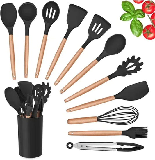 Silicone Kitchen Spatula and Utensils Spoon Set Cooking + Baking Set- 12 Pcs Non-Stick with Wooden Handle-BPA Free, Heat Resistant Item, Flexible Non Toxic Silicon Cookware Tools