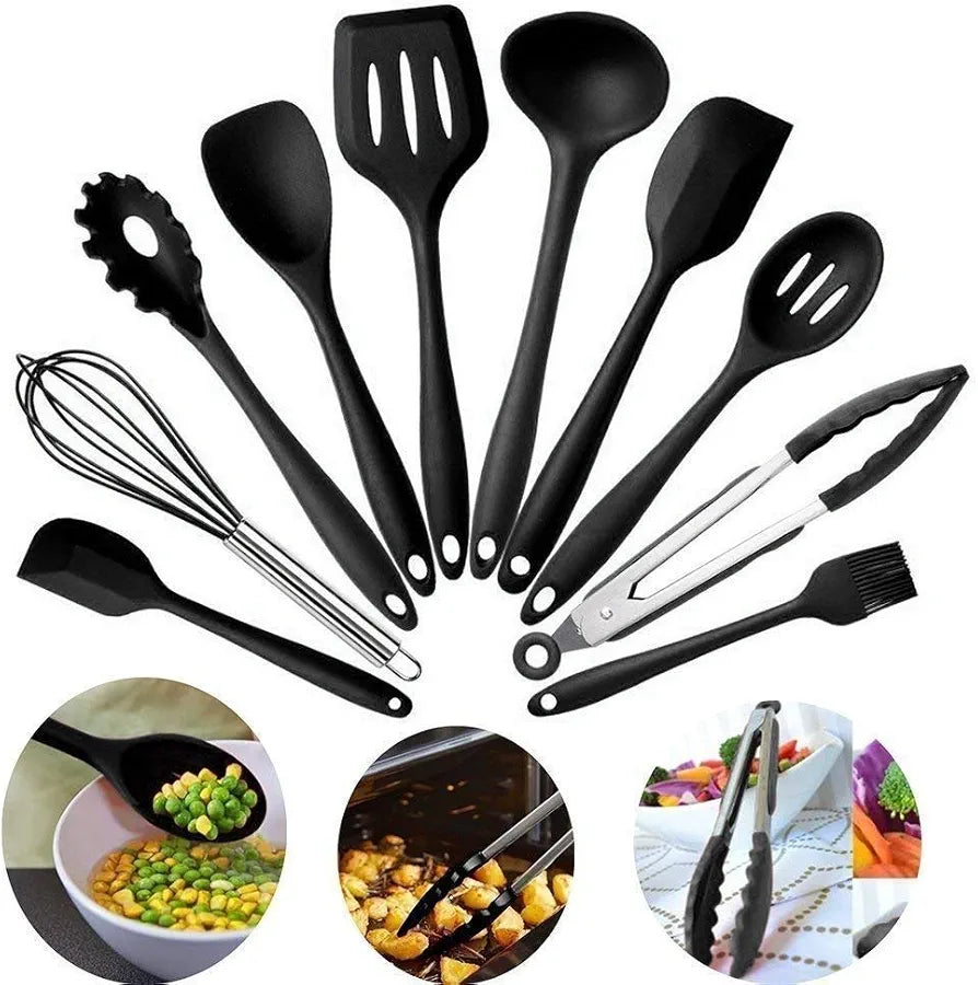Silicone Kitchen Spatula and Utensils Spoon Set Cooking + Baking Set- 12 Pcs Non-Stick with Wooden Handle-BPA Free, Heat Resistant Item, Flexible Non Toxic Silicon Cookware Tools