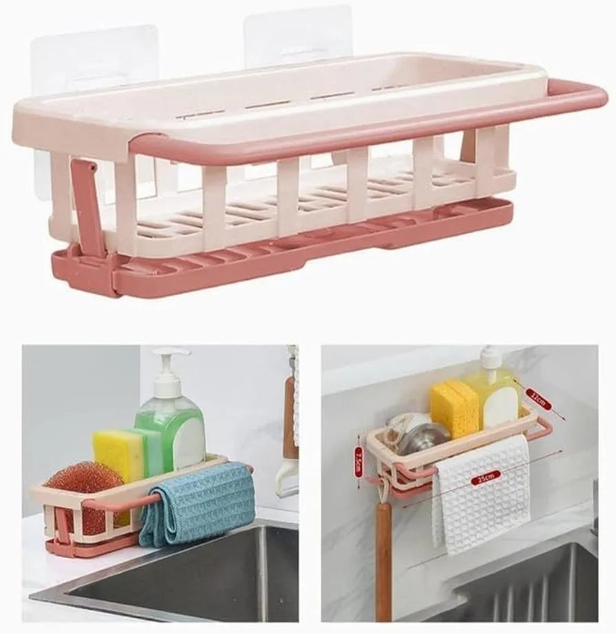 Two Tone Hanging Drain Rack, Retractable Storage Rack with Sponge Drain Tray, Kitchen Bathroom Sink Tray with Drying Basket, Kitchen Storage Organiser (Multicolor, Pack of 1 Pcs)