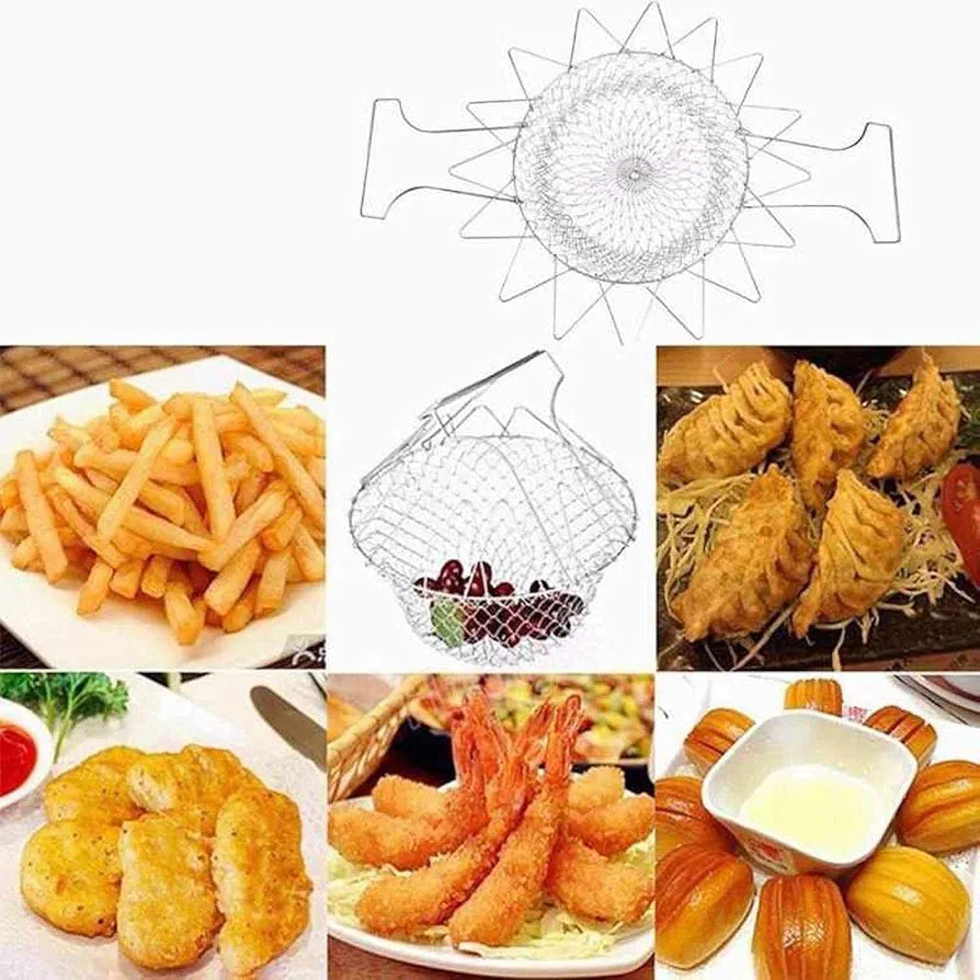 Stainless Steel Deep Fry Strainer for Kitchen | Foldable Steam Rinse Deep Frying Basket | Rinsing Frying Steaming/Oil Cooking Jhara/Filter/Channi for Chips & Pasta